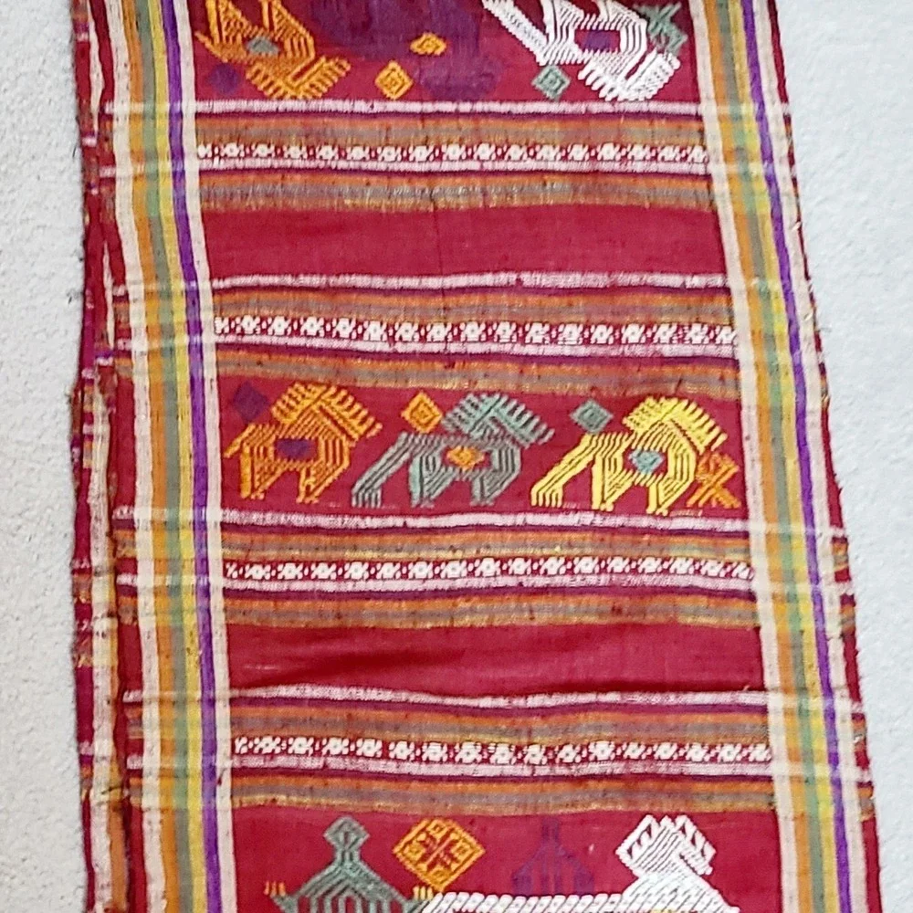 Vtg Thai Red Textile Tribal Woven Silk Cotton Wall Hanging Runner 7 yds 13